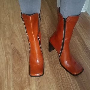 Ankle heel square toe bootie.